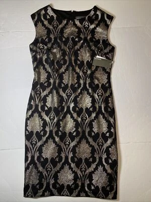 Donna Ricco 纽约派对礼服 10 码金属金色/黑色全新带标签 — 第 1/4 张图片