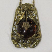 Vintage Amber Glass Necklace Filigree Brass Very Intricate Art Deco Antique 