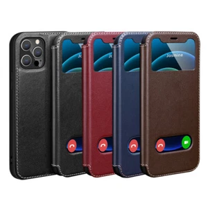 Luxury Genuine Leather Call ID View Flip Case Cover For Apple iPhone - Picture 1 of 12