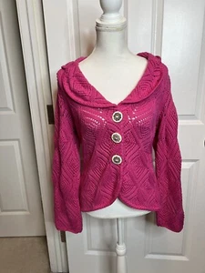 Willow Women’s Pink Crocheted Button Up Cardigan   Collared Rounded Hem Small - Picture 1 of 11