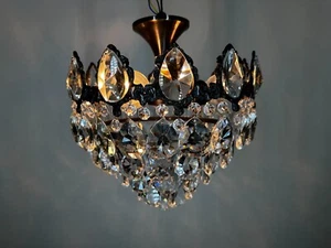 Antique / Vntge French Brass & Crystals Chandelier Glass Lamp Lighting Fixtures - Picture 1 of 10