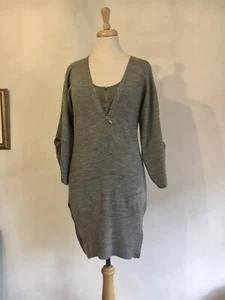 KAREN MILLEN, Wool Blend-Silk Trim-Grey-Zips-Tunic Dress. 3 18”P2P Worn Twice - Picture 1 of 13