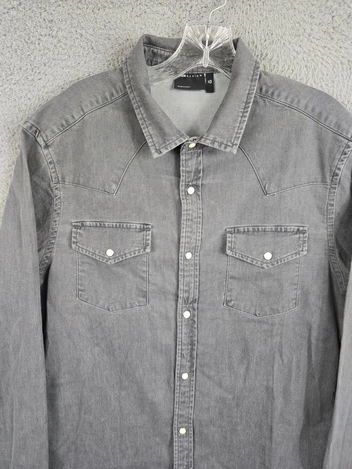 ASOS Design Pearl Snap Shirt Adult XL Tall Grey Western Casual Men Stretch Fit - Image 1 of 4