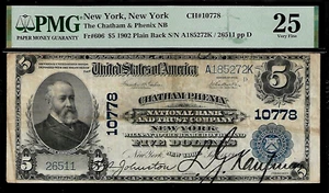 US New York, New York 5 Dollars 1902 PMG 25 Fr #606 The Chatham & Phenix NB - Picture 1 of 4