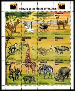 Tanzania 1994 - Wildlife on the Plains - Sheet of 12 Stamps - Scott #1001M - MNH - Picture 1 of 1