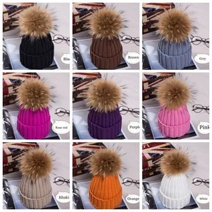Damen Warm Winter Beanie Groß Kunstpelz Pom Pudelmütze Gestrickt Ski Kappe UK - Bild 1 von 16