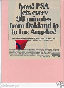PSA PACIFIC SOUTHWEST AIRLINES 1969 OAKLAND/LAX 727'S EVERY 90 MINUTES AD - Bild 1 von 1