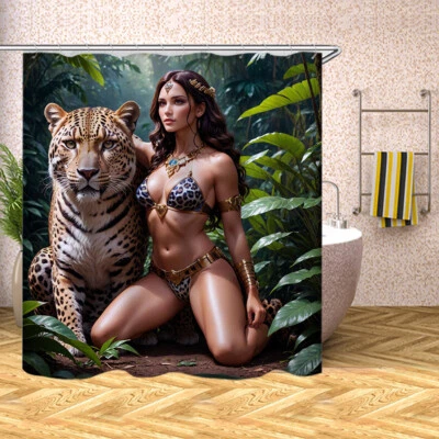 Juegos de cortinas de ducha impermeables Jungle Wild Girl And Tiger cortina de decoración de baño Foto 1 de 3