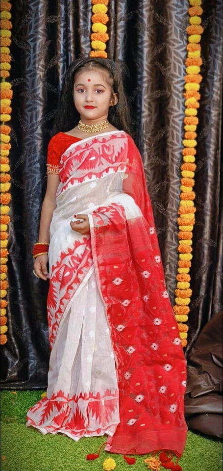 Baby sari Hand made Jamdani Saree For Baby girl 3-6 year Ethnic wear - Image 1 of 1