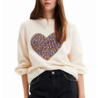 Desigual Oversize Heart Pullover Sweater Women’s S Cream Boho Valentine Cozy - Image 1 of 4