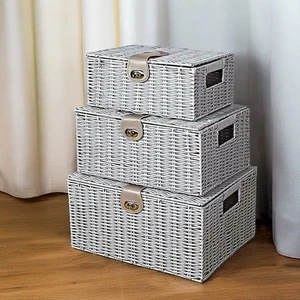 3 Cajas de Almacenamiento de Mimbre Gris Tejido Cestas Cerradura Apilable Regalos de Lavandería - Imagen 1 de 24