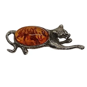 Vintage Sterling Silver & Amber Cat Brooch Pin - Picture 1 of 6