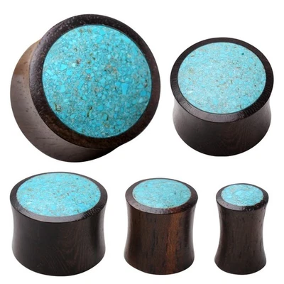 PAIR of Natural Organic Sono Wood Saddle Plug with Turquoise Crush Inlay - Image 1 of 4