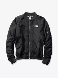 NEW VICTORIA'S SECRET PINK Lined Full Zip Flight Bomber Jacket Coat Black L - Picture 1 of 7