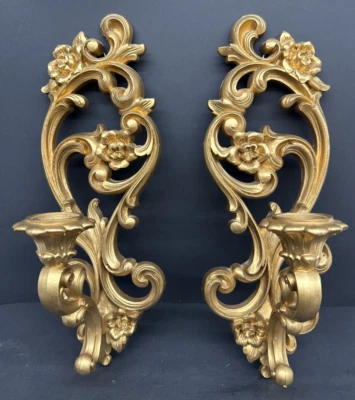 Aplique de pared floral ornamentado dorado vintage HOMCO par de velas Regencia 4118 '71 Foto 1 de 4