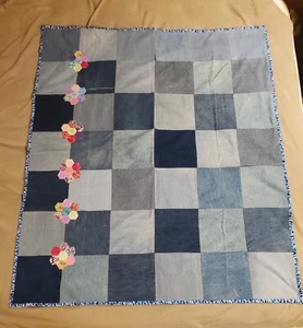 "Blue Jean Denim Wester Bauernhaus Quilt Sechseck Blumen Handwerker Handarbeit 55,5""x64" - Bild 1 von 5