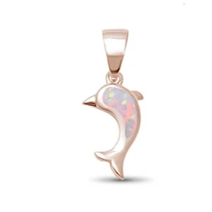 Rose Gold Plated White Opal Dolphin.925 Sterling Silver Pendant - Picture 1 of 2