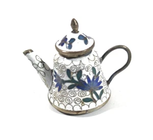 Asiatische Cloisonne Teekanne Vintage Puppenhaus Puppenhaus Miniatur weiß und blau - Bild 1 von 6