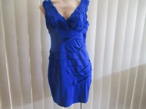 VALERIE BERTINELLI DRESS 10 BODY CON BLUE FABRIC FLOWERS BODICE FOLDS IN SKIRT - Picture 1 of 6