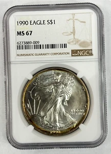 1990 MS67 American Silver Eagle $1 - 1 Troy Oz .999 Fine Silver Toner! NGC #009 - Picture 1 of 2