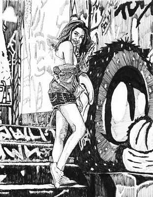 Ilustración a tinta mujer de pie con graffiti Foto 1 de 2