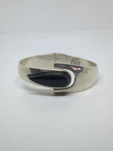 Vintage JGM Sterling Silver 925 Mexico Black Onyx Hinged Bangle Bracelet 7" - Picture 1 of 9