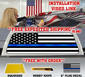 THIN BLUE LINE POLICE SUPPORT AMERICAN FLAG PICKUP TRUCK REAR WINDOW DECAL TINT - Foto 1 di 6