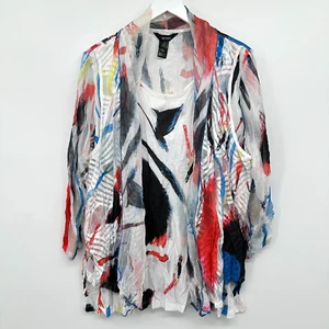 Ali Miles Tunic Top Shirt Blouse Size 1X Stretch Knit Crinkle Vest Overlay Artsy - Picture 1 of 13