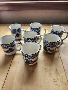 7 MUGS COFFEE CUPS FOLK CRAFT CABIN IN THE SNOW BY TIENSHAN MADE IN CHINA, EUC - Picture 1 of 11