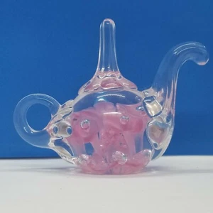 Joe Rice Pink Floral Teapot Ring Holder Paperweight Art Glass - Imagen 1 de 9