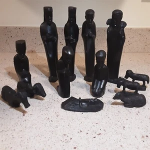 Vintage 13 Piece African Tanzanian Hand Carved Wood Nativity Christmas Set - Picture 1 of 12