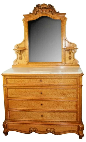 Antique French Louis XV Commode Dresser Chest Birds Eye Marble Mirror Vanity Cover
