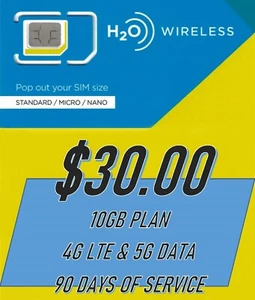 H20 Wireless 3 Months of Service - $30 Plan with 10GB of high speed data - Picture 1 of 3