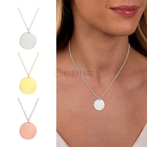 Simple Circle Disc Blank Coin 925 Sterling Silver Pendant Chain Choker Necklace - Picture 1 of 43