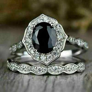 2CT Lab Created Black Diamond Engagement Bridal Ring Set 14K White Gold Plated - Picture 1 of 4