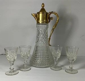 Vintage 70s Italy Diamond Cut Glass Gold Plated Wine Decanter Glasses Flutes Set - Picture 1 of 9