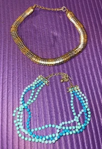 1980s Two Tone cobra snake chain collar necklace + Blue Bead Adjustable Choker - Picture 1 of 11
