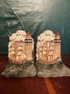 Vintage Sailboats & Lighthouse Bookends Beach House Nautical Decor Ocean Vibes - Picture 1 of 24
