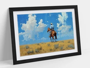 COWBOY RIDING OVER DESERT HORIZON -FRAMED WALL ART POSTER PAPER PRINT - Picture 1 of 11