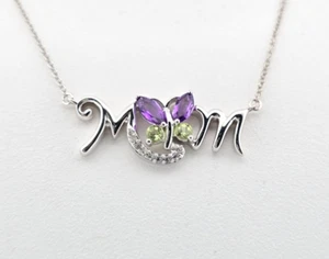 Sterling Silver 925 "MOM" Necklace Natural Amethyst Peridot Sapphire 16-18" - Picture 1 of 5