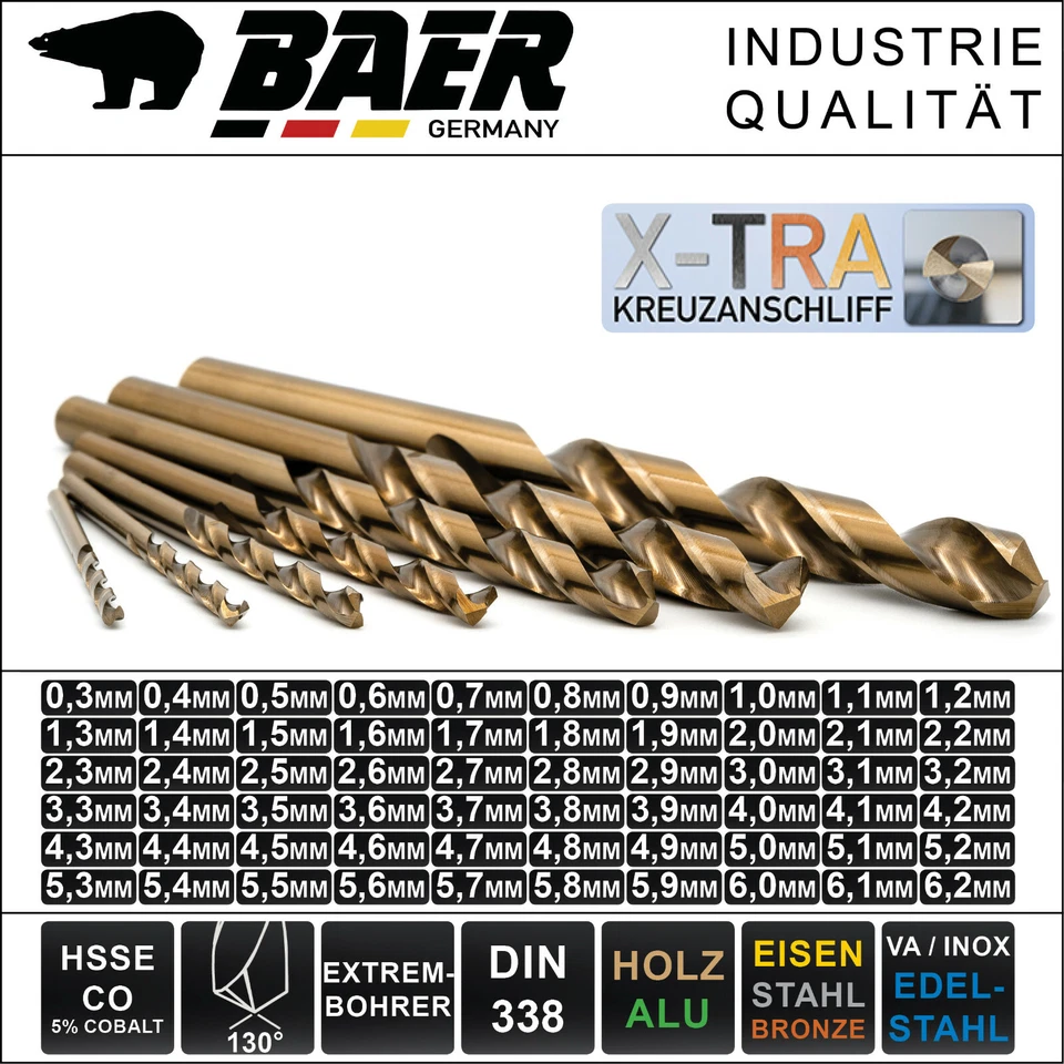 BAER Broca espiral broca broca de acero inoxidable broca de metal HSSE/CO de 0,3- 6,2 mm selección
