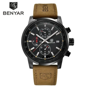 BENYAR Mens Date Military Genuine Leather Band 3 ATM Pilot Quartz Wrist Watch - Picture 1 of 17