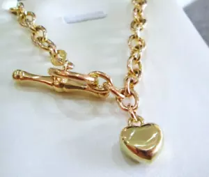 9ct Solid Yellow Gold Albert T-Bar Heart Charm Diamond Chain Bracelet 7 Inch - Picture 1 of 10