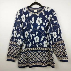 HOLDIAY TIME Vintage Not Ugly Christmas Blue Floral Metallic Knit Sweater Sz L - Picture 1 of 6