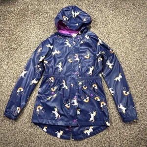 Cat & Jack Unicorn Rainbow Girls Rain Coat Jacket Hood Navy Sz Extra Large XL US - Picture 1 of 10