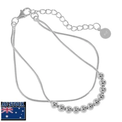 Woman Real s925 Sterling Silver 2 Layers Beaded Balls Chain Bracelet Bangle - Image 1 of 4