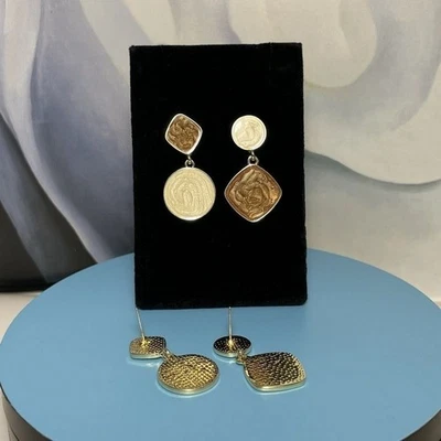 Alina Ellison Enamel Sheen Geo Dangle Earrings Cream Brown Gold Gift Packaged - Image 1 of 4