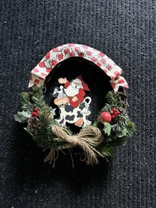 Country  Wreath Christmas Holiday With Santa On A Cow So Cute Med Size - Picture 1 of 1