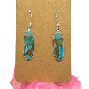 Kingman Turquoise Earrings Solid 925 Sterling Silver Oval Dangle Drop - Picture 1 of 6