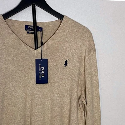 Polo Ralph Lauren Para Hombre Cuello en V Pima Algodón Suéter Avena Brezo Talla Mediana Foto 1 de 4